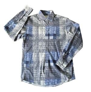 Thomas Pink Button Up Shirt Mens Medium 15.5 Blue & Gray Slim Abstract Geometric